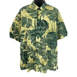 Rix Mens Hawaiian Short Sleeve Shirt Green Leaf Large Cotton Casual Aloha EUC
